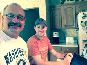 Epic Father-Son project: Dual laptops in the kitchen, setting up Dad's blog!